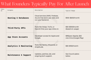 Chart showing common post launch software costs including hosting and databases, third party APIs, app store accounts, analytics tools, and ongoing maintenance and support, with typical monthly or annual ranges for each category.